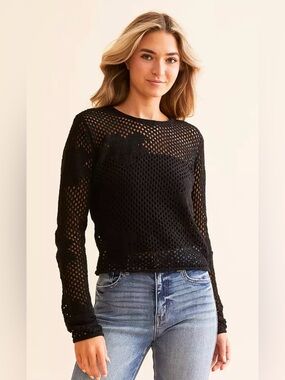 Z Supply Blossom Black Floral Open Mesh Knit Sweater Women’s Size M